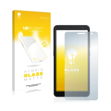 Parte frontale di una confezione del prodotto con il logo del marchio upscreen. Accanto è raffigurato il dispositivo Alcatel 1