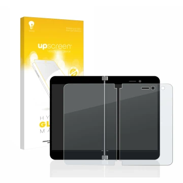 Parte frontale di una confezione del prodotto con il logo del marchio upscreen. Accanto è raffigurato il dispositivo Microsoft