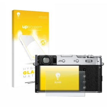 Parte frontale di una confezione del prodotto con il logo del marchio upscreen. Accanto è raffigurato il dispositivo Fujifilm 