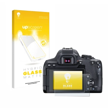 Parte frontale di una confezione del prodotto con il logo del marchio upscreen. Accanto è raffigurato il dispositivo Canon EOS