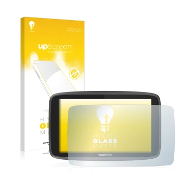 Parte frontale di una confezione del prodotto con il logo del marchio upscreen. Accanto è raffigurato il dispositivo TomTom Go