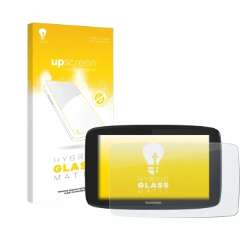 Parte frontale di una confezione del prodotto con il logo del marchio upscreen. Accanto è raffigurato il dispositivo TomTom Go