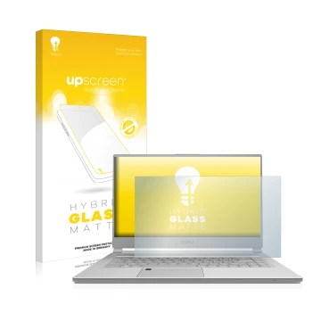 Parte frontale di una confezione del prodotto con il logo del marchio upscreen. Accanto è raffigurato il dispositivo MSI P65 8