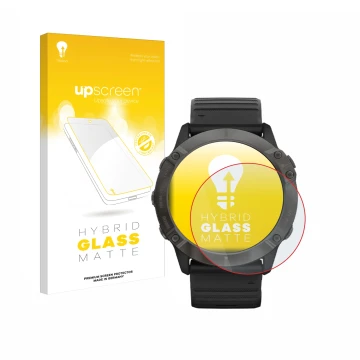 Parte frontale di una confezione del prodotto con il logo del marchio upscreen. Accanto è raffigurato il dispositivo Garmin Fe