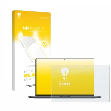 Parte frontale di una confezione del prodotto con il logo del marchio upscreen. Accanto è raffigurato il dispositivo Apple Mac