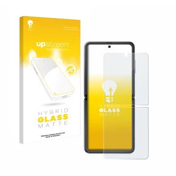 Parte frontale di una confezione del prodotto con il logo del marchio upscreen. Accanto è raffigurato il dispositivo Samsung G