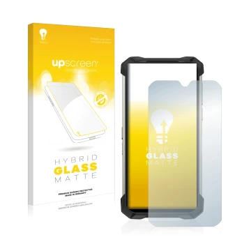 Parte frontale di una confezione del prodotto con il logo del marchio upscreen. Accanto è raffigurato il dispositivo Doogee S8