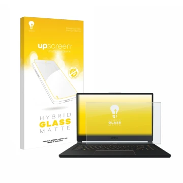 Parte frontale di una confezione del prodotto con il logo del marchio upscreen. Accanto è raffigurato il dispositivo MSI GS66 