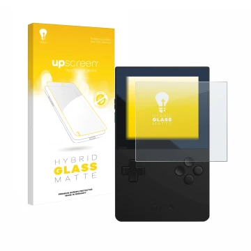 Parte frontale di una confezione del prodotto con il logo del marchio upscreen. Accanto è raffigurato il dispositivo Analogue 