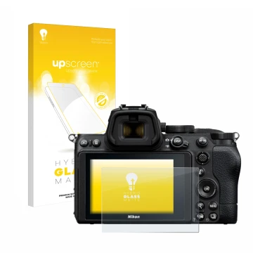 Parte frontale di una confezione del prodotto con il logo del marchio upscreen. Accanto è raffigurato il dispositivo Nikon Z 5
