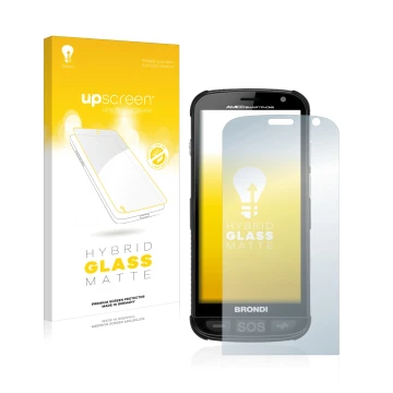 Parte frontale di una confezione del prodotto con il logo del marchio upscreen. Accanto è raffigurato il dispositivo Brondi Am