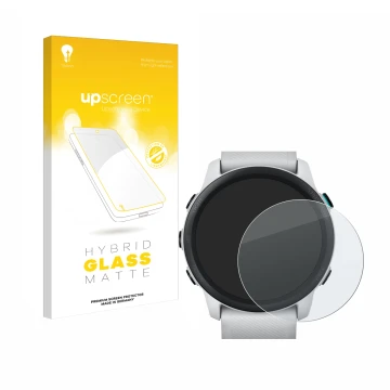 Parte frontale di una confezione del prodotto con il logo del marchio upscreen. Accanto è raffigurato il dispositivo Garmin Fo