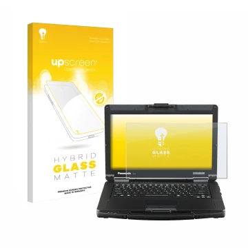 Parte frontale di una confezione del prodotto con il logo del marchio upscreen. Accanto è raffigurato il dispositivo Panasonic