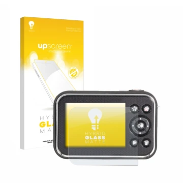 Parte frontale di una confezione del prodotto con il logo del marchio upscreen. Accanto è raffigurato il dispositivo Vtech Kid