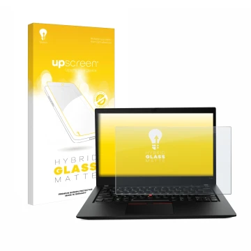 Parte frontale di una confezione del prodotto con il logo del marchio upscreen. Accanto è raffigurato il dispositivo Lenovo Th