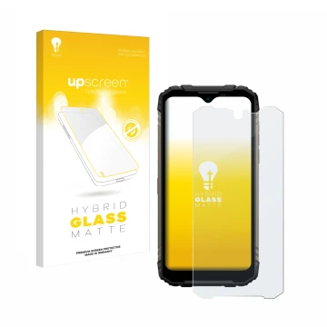 Parte frontale di una confezione del prodotto con il logo del marchio upscreen. Accanto è raffigurato il dispositivo Doogee S9