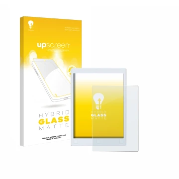 Parte frontale di una confezione del prodotto con il logo del marchio upscreen. Accanto è raffigurato il dispositivo reMarkabl