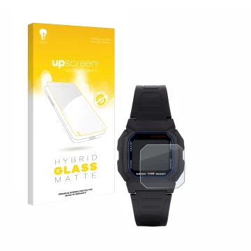 Parte frontale di una confezione del prodotto con il logo del marchio upscreen. Accanto è raffigurato il dispositivo Casio W-8