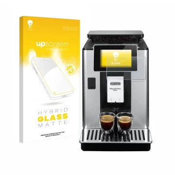 Parte frontale di una confezione del prodotto con il logo del marchio upscreen. Accanto è raffigurato il dispositivo DeLonghi 