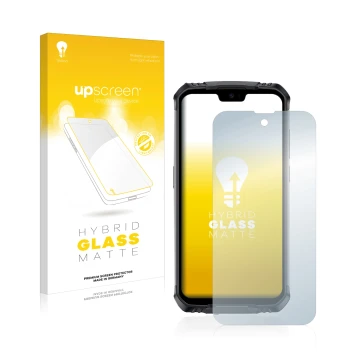 Parte frontale di una confezione del prodotto con il logo del marchio upscreen. Accanto è raffigurato il dispositivo Doogee S5