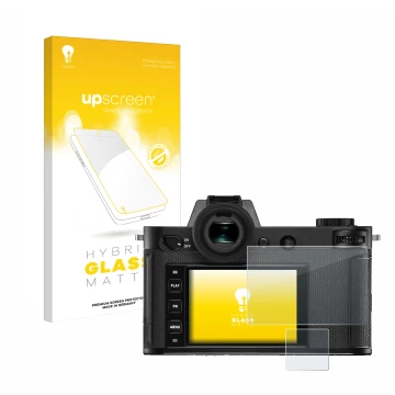 Parte frontale di una confezione del prodotto con il logo del marchio upscreen. Accanto è raffigurato il dispositivo Leica SL2