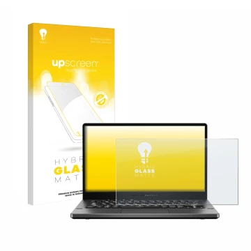 Parte frontale di una confezione del prodotto con il logo del marchio upscreen. Accanto è raffigurato il dispositivo ASUS ROG 