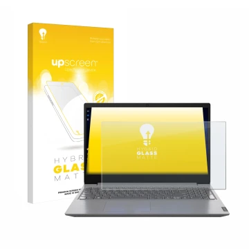 Parte frontale di una confezione del prodotto con il logo del marchio upscreen. Accanto è raffigurato il dispositivo Lenovo V1