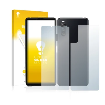 Parte frontale di una confezione del prodotto con il logo del marchio upscreen. Accanto è raffigurato il dispositivo Sony Xper