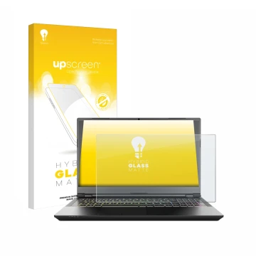 Parte frontale di una confezione del prodotto con il logo del marchio upscreen. Accanto è raffigurato il dispositivo Schenker 