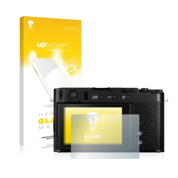 Parte frontale di una confezione del prodotto con il logo del marchio upscreen. Accanto è raffigurato il dispositivo Fujifilm 