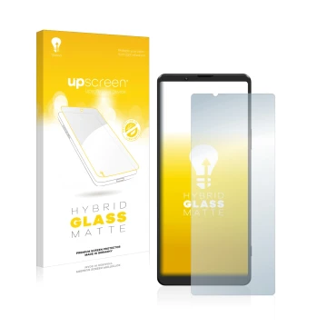 Parte frontale di una confezione del prodotto con il logo del marchio upscreen. Accanto è raffigurato il dispositivo Sony Xper