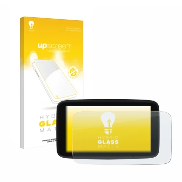 Parte frontale di una confezione del prodotto con il logo del marchio upscreen. Accanto è raffigurato il dispositivo TomTom GO