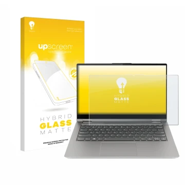 Parte frontale di una confezione del prodotto con il logo del marchio upscreen. Accanto è raffigurato il dispositivo Lenovo Th