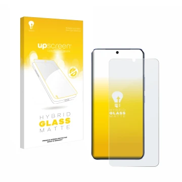 Parte frontale di una confezione del prodotto con il logo del marchio upscreen. Accanto è raffigurato il dispositivo Vivo V21 