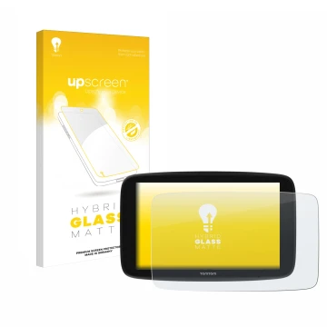 Parte frontale di una confezione del prodotto con il logo del marchio upscreen. Accanto è raffigurato il dispositivo TomTom Go