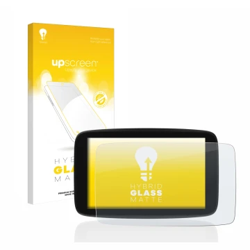 Parte frontale di una confezione del prodotto con il logo del marchio upscreen. Accanto è raffigurato il dispositivo TomTom Go