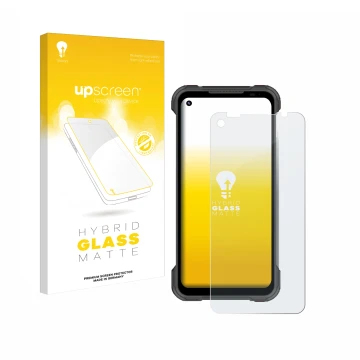 Parte frontale di una confezione del prodotto con il logo del marchio upscreen. Accanto è raffigurato il dispositivo Doogee S9