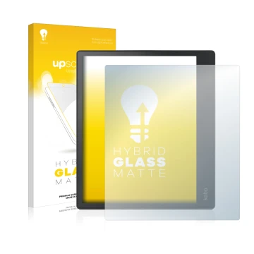 Parte frontale di una confezione del prodotto con il logo del marchio upscreen. Accanto è raffigurato il dispositivo Kobo Elip