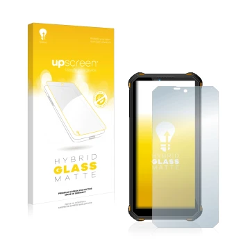 Parte frontale di una confezione del prodotto con il logo del marchio upscreen. Accanto è raffigurato il dispositivo Oukitel W