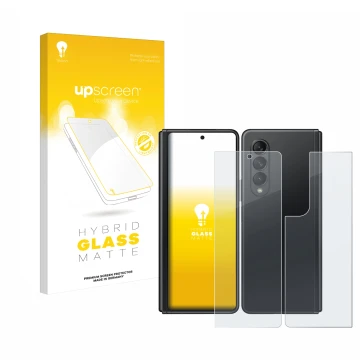Parte frontale di una confezione del prodotto con il logo del marchio upscreen. Accanto è raffigurato il dispositivo Samsung G