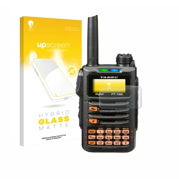 Parte frontale di una confezione del prodotto con il logo del marchio upscreen. Accanto è raffigurato il dispositivo Yaesu FT-