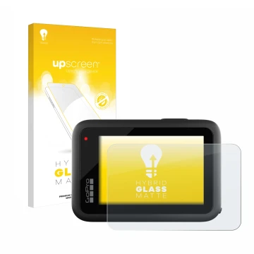 Parte frontale di una confezione del prodotto con il logo del marchio upscreen. Accanto è raffigurato il dispositivo GoPro Her