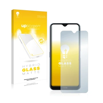 Parte frontale di una confezione del prodotto con il logo del marchio upscreen. Accanto è raffigurato il dispositivo Nokia G50