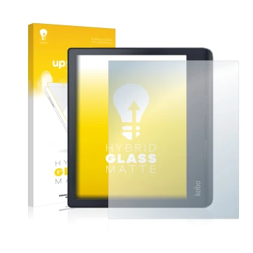 Parte frontale di una confezione del prodotto con il logo del marchio upscreen. Accanto è raffigurato il dispositivo Kobo Sage