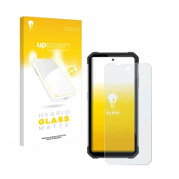 Parte frontale di una confezione del prodotto con il logo del marchio upscreen. Accanto è raffigurato il dispositivo Oukitel W