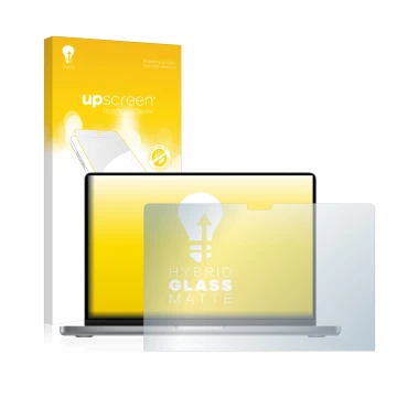 Parte frontale di una confezione del prodotto con il logo del marchio upscreen. Accanto è raffigurato il dispositivo Apple Mac