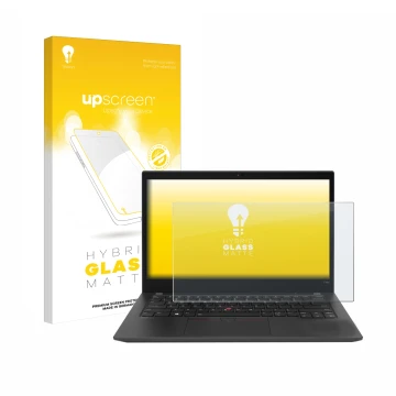 Parte frontale di una confezione del prodotto con il logo del marchio upscreen. Accanto è raffigurato il dispositivo Lenovo Th