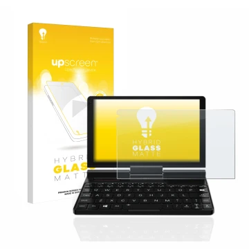 Parte frontale di una confezione del prodotto con il logo del marchio upscreen. Accanto è raffigurato il dispositivo GPD Pocke