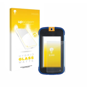 Parte frontale di una confezione del prodotto con il logo del marchio upscreen. Accanto è raffigurato il dispositivo Vtech Kid