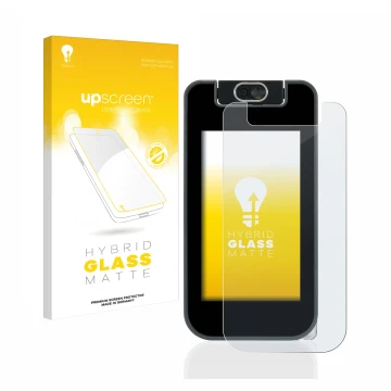 Parte frontale di una confezione del prodotto con il logo del marchio upscreen. Accanto è raffigurato il dispositivo Vtech Kid